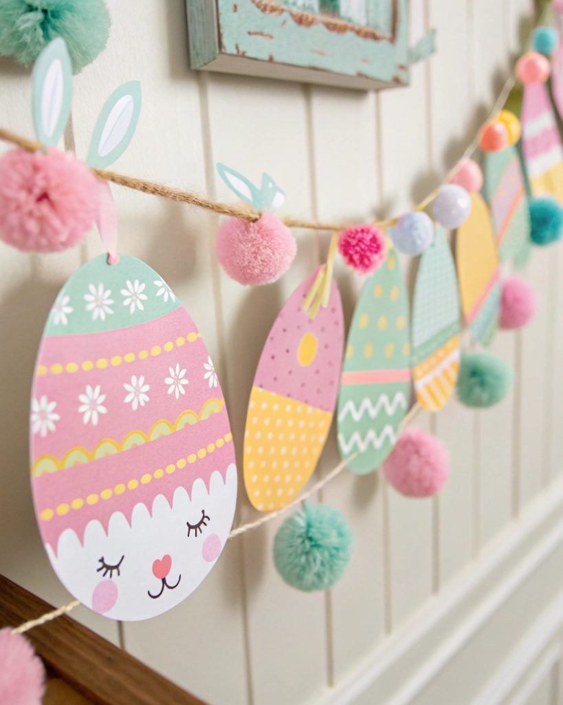 Guirlande de Pâques avec lapins et œufs en papier.
