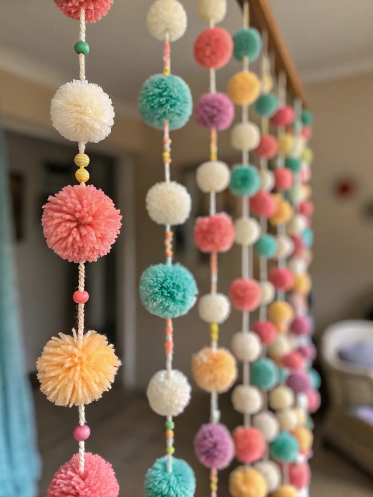 Guirlande suspendue avec des pompons en laine aux couleurs vives et pastel pour le printemps