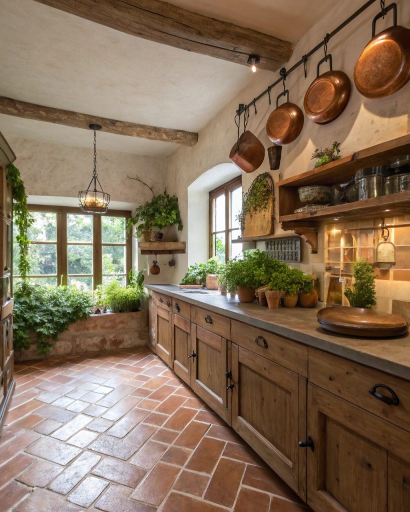Cuisine rustique avec carrelage terracotta, bois d'olivier et pots en cuivre.