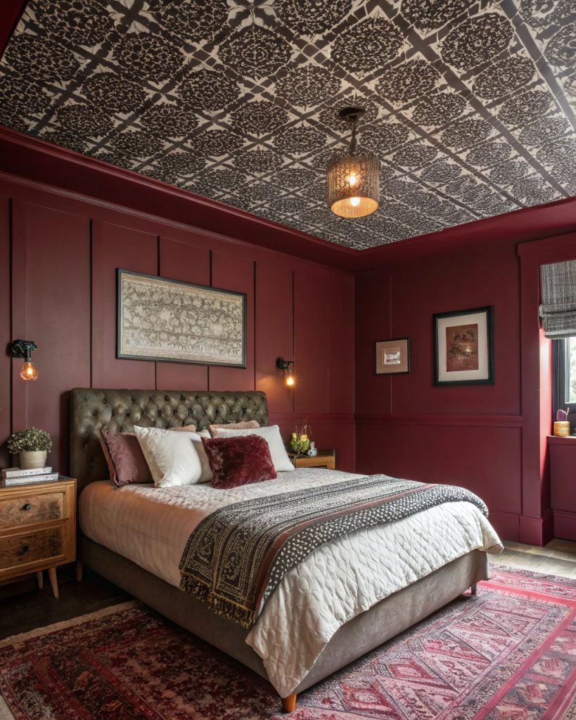 Chambre immersive avec murs bordeaux, plafond à motifs et décoration éclectique.