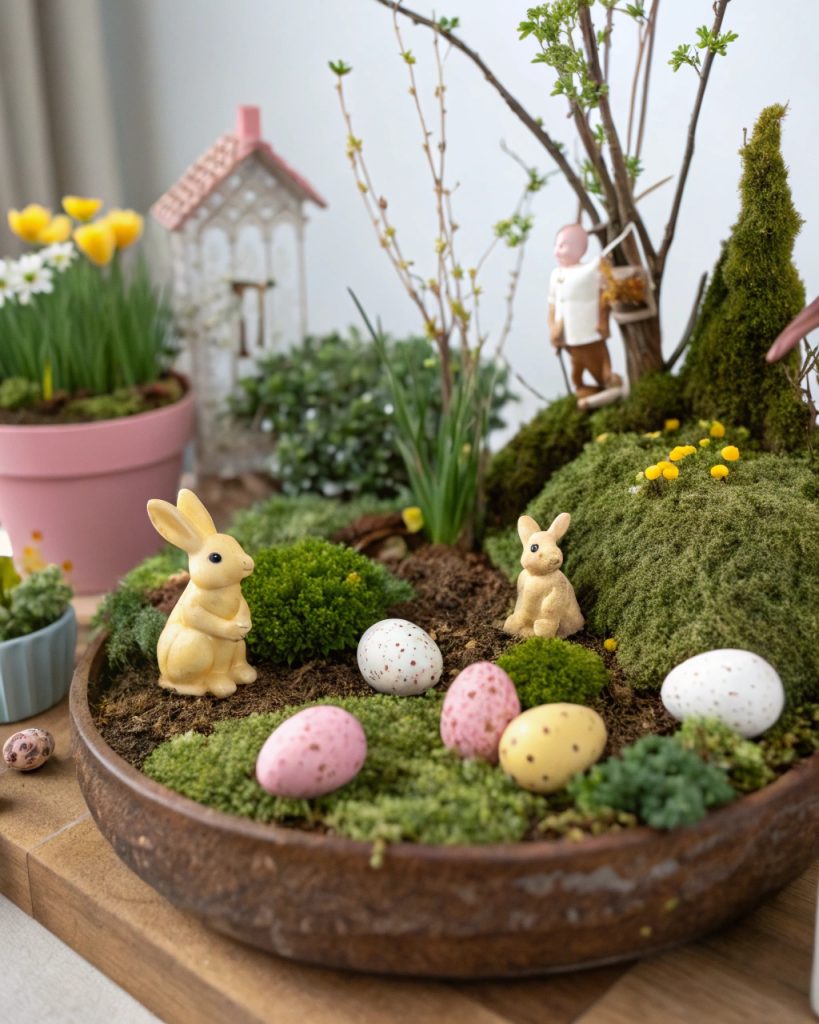 Jardin miniature de Pâques avec mousse et lapins.