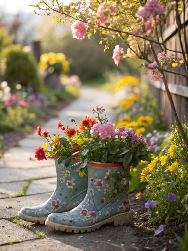 Jardinières originales en bottes de caoutchouc recyclées pour le printemps