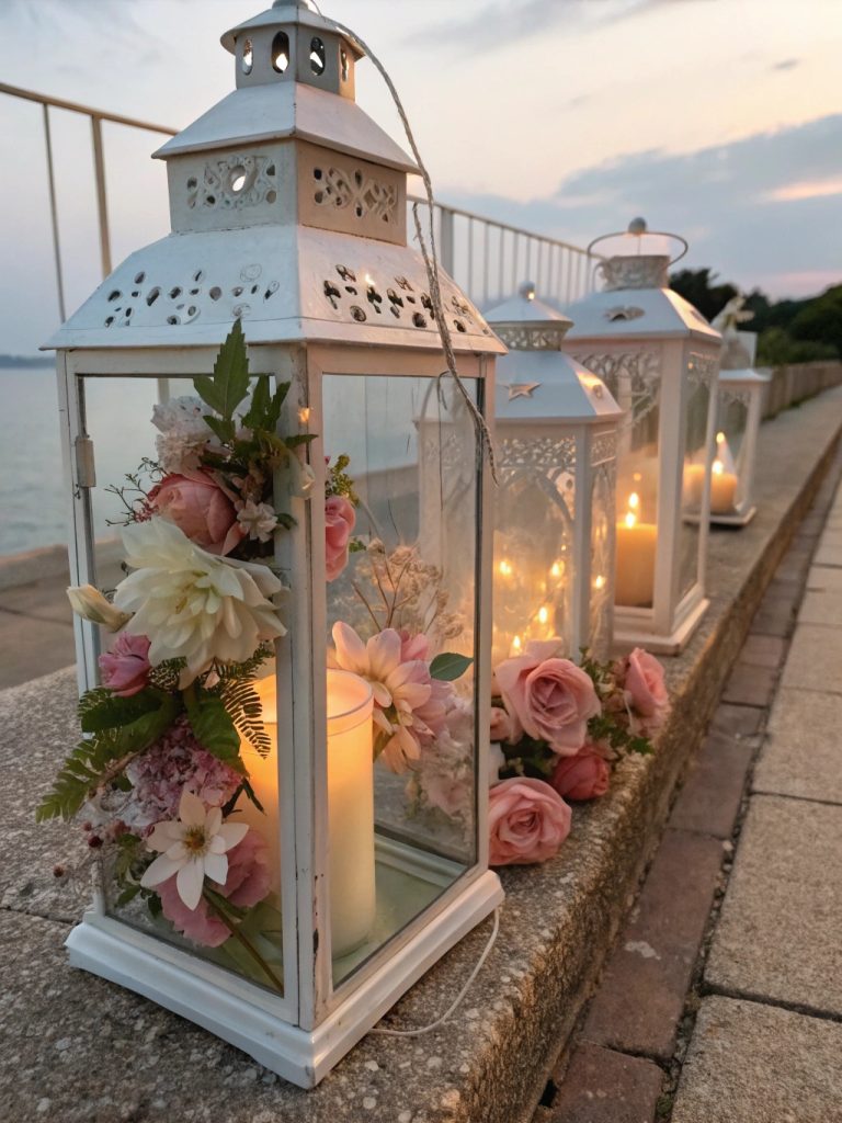Lanternes en verre décorées de fleurs artificielles et de bougies pour une ambiance romantique