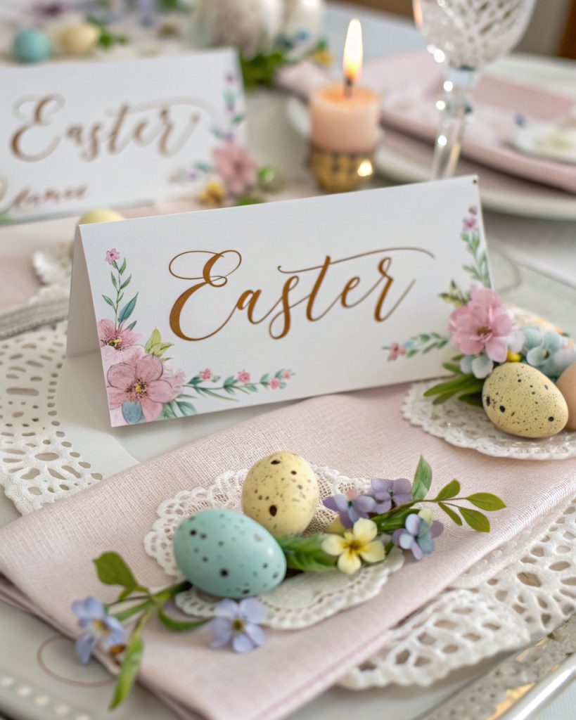 Marqueurs de place de Pâques avec calligraphie et mini œufs.