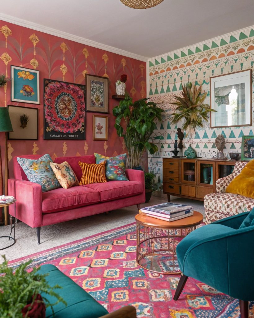 Salon maximaliste avec papier peint coloré, meubles audacieux et décoration éclectique.