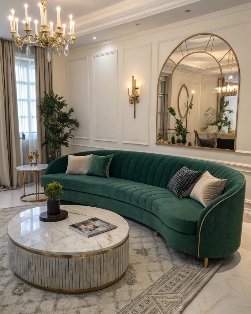 Salon moderne avec canapé courbe en velours vert, table basse en marbre et miroirs arqués.