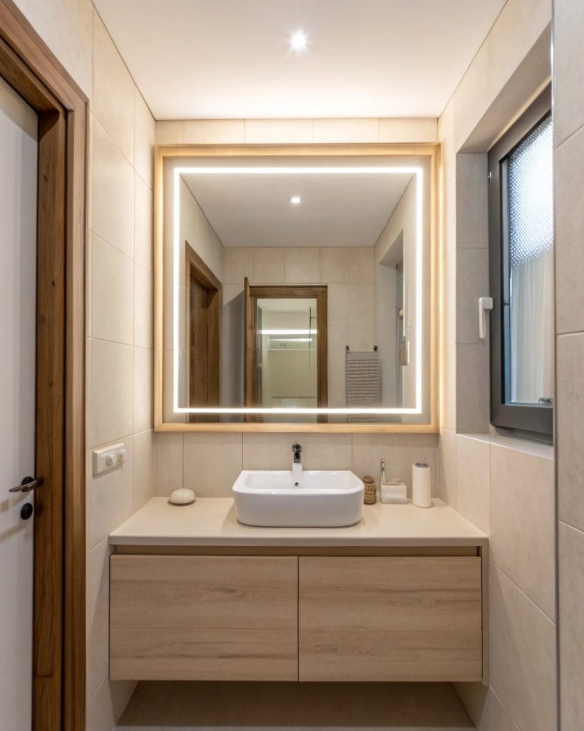 Grand miroir dans une salle de bain de 4m² pour agrandir l'espace visuellement.