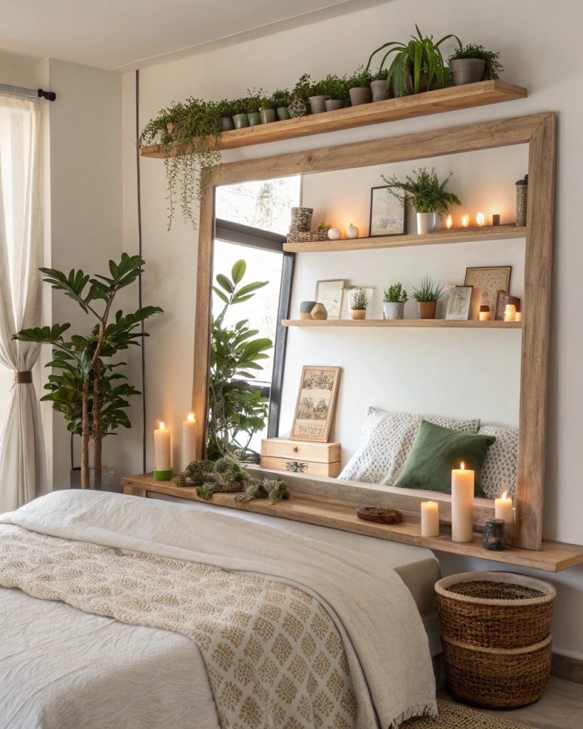 Miroir avec étagères au-dessus d'un lit