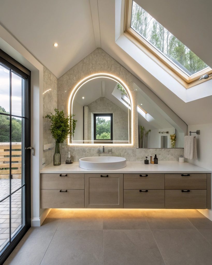 Grand miroir LED sous pente pour agrandir l'espace.