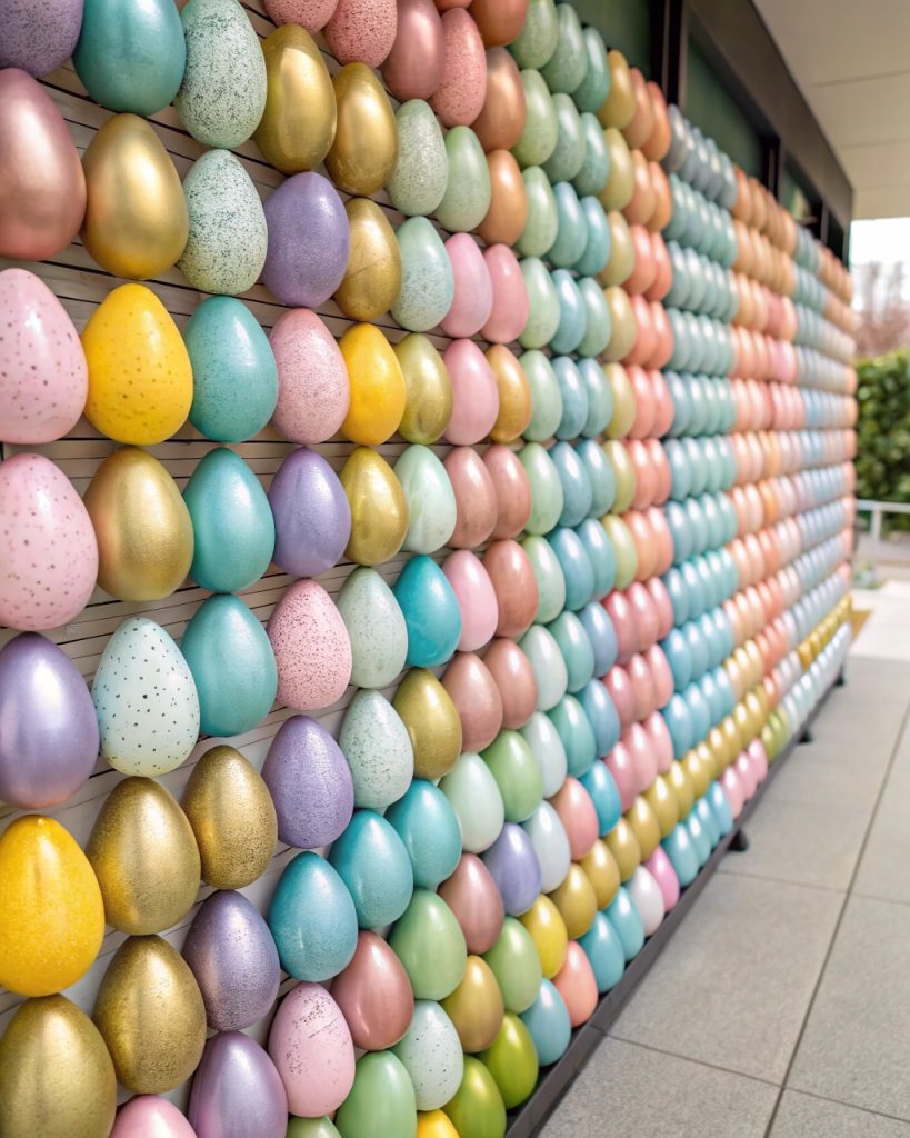 Mur d'œufs de Pâques coloré en pastel et métallisé.