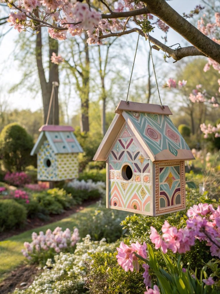 Nichoirs en bois peints avec des motifs géométriques et des couleurs pastel pour le printemps