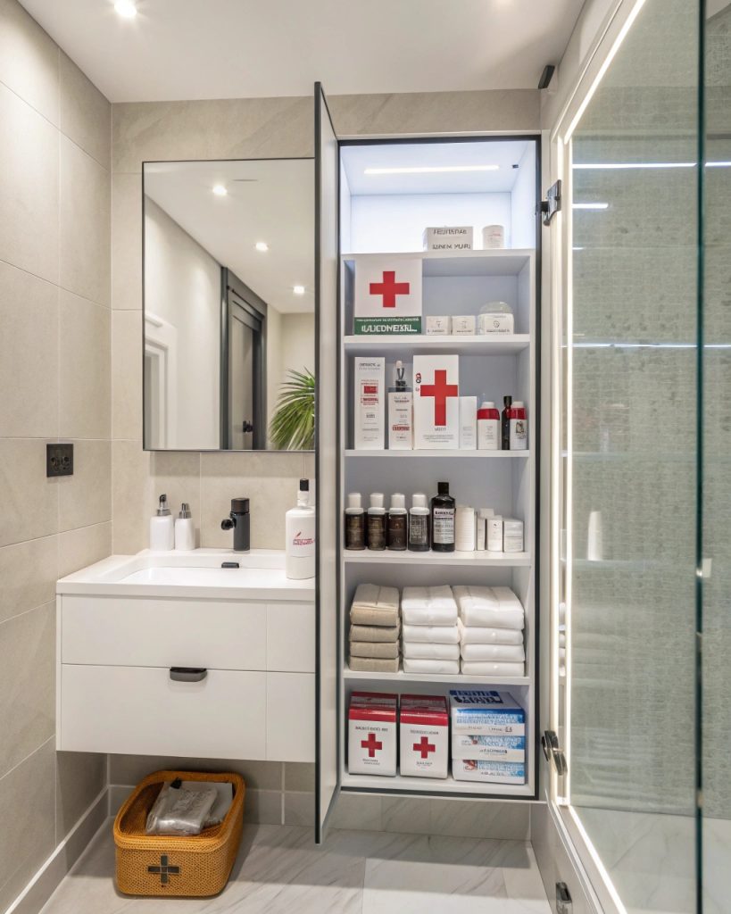 Armoire à pharmacie bien rangée avec des médicaments et des fournitures de premiers soins.