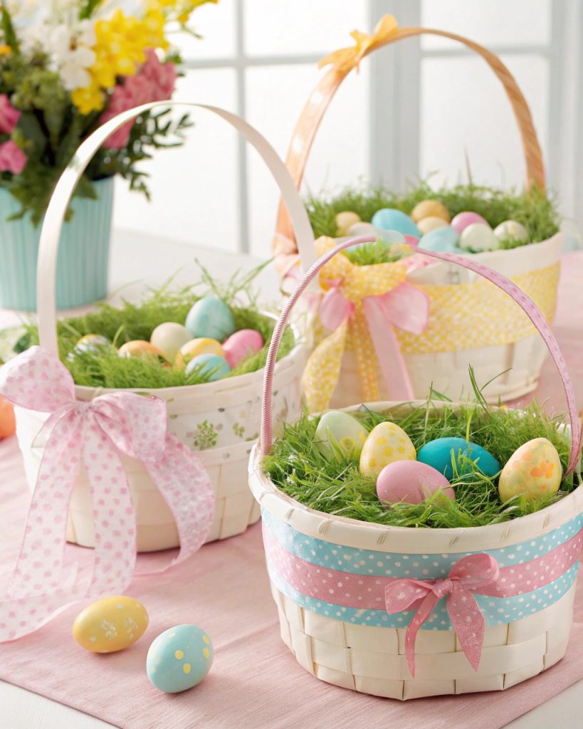 Paniers de Pâques personnalisés avec rubans et œufs.