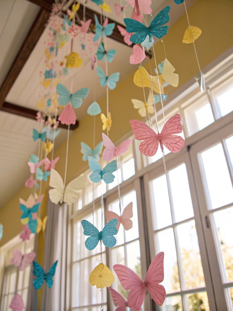 Papillons en papier coloré suspendus pour une déco printanière ludique