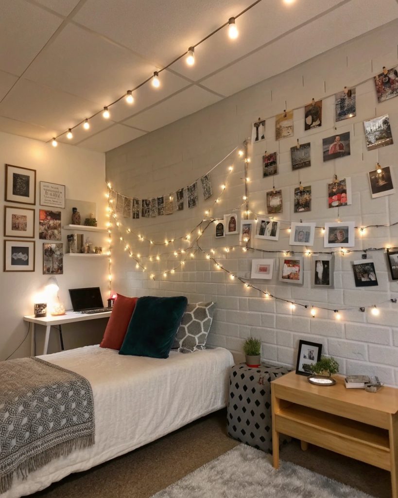 Mur de photos personnelles dans un appartement étudiant