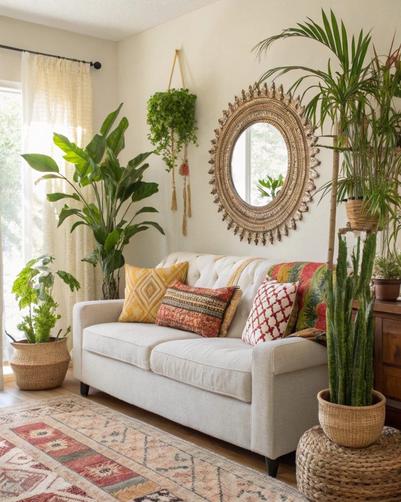 Plantes et miroir derrière canapé pour ambiance naturelle