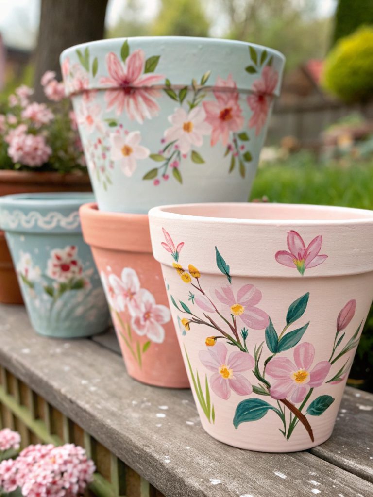 Pots en terre cuite peints à la main avec des motifs floraux et des couleurs pastel