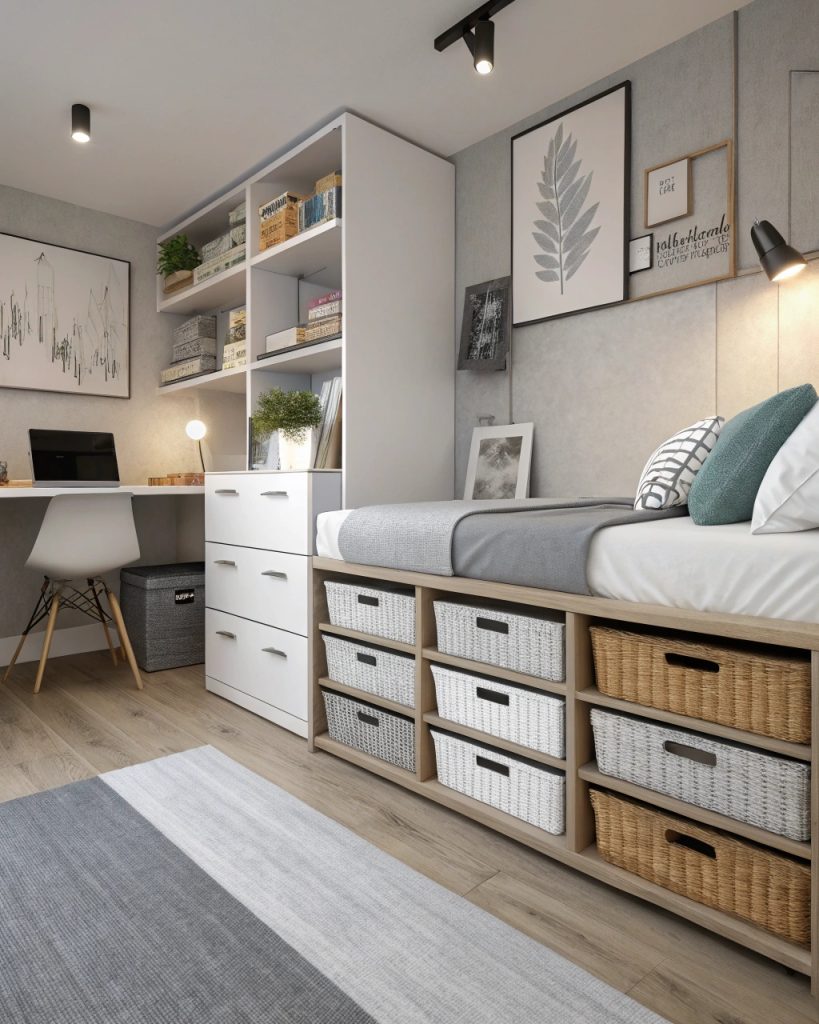 Rangement sous lit dans un appartement étudiant