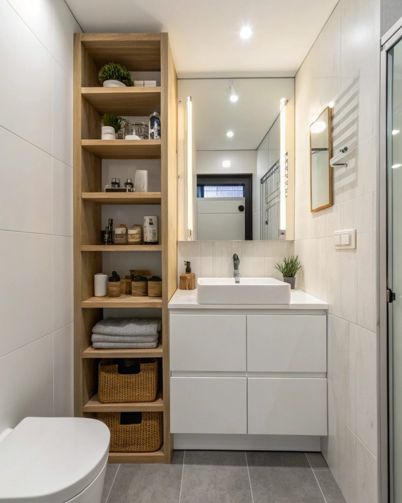 Rangements astucieux dans une salle de bain de 4m², étagères flottantes.