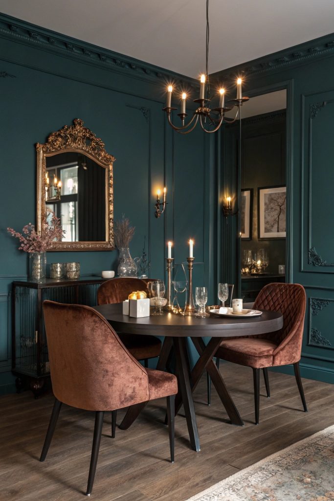 Salle à manger avec murs bleu foncé et éclairage tamisé.