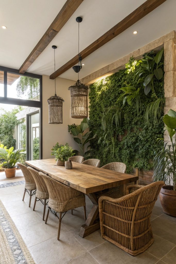 Salle à manger biophilique avec table en bois récupéré et plantes vertes.