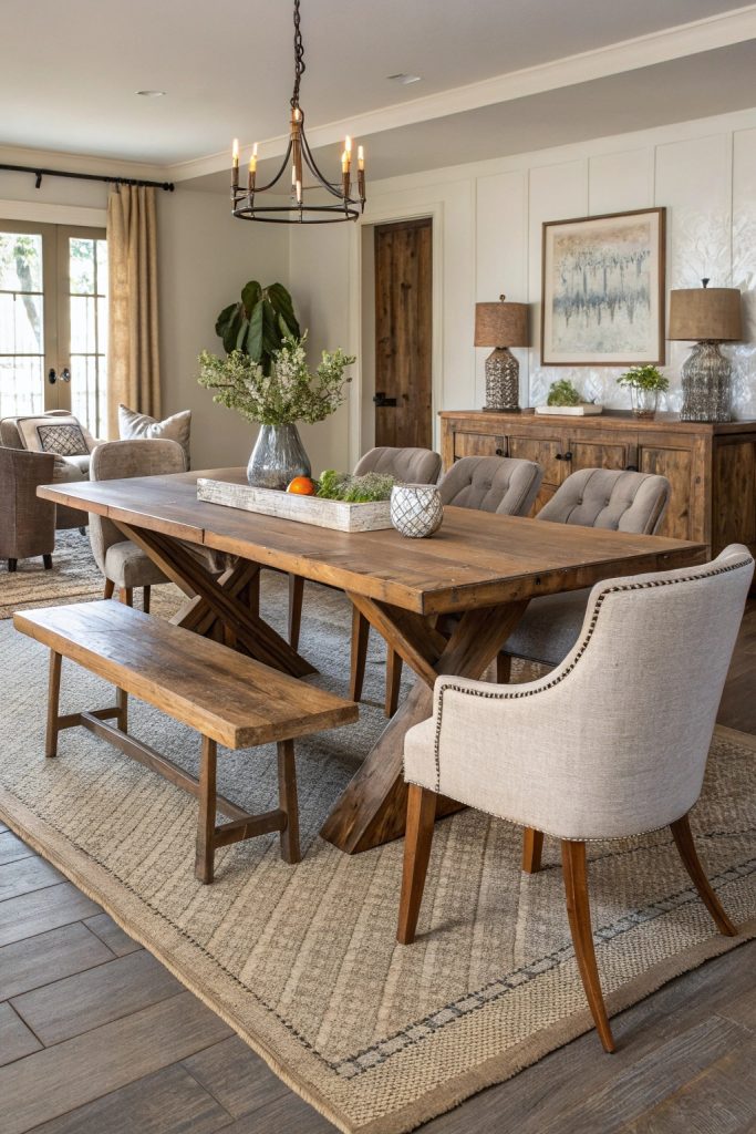 Salle à manger avec chaises vintage et modernes mélangées.