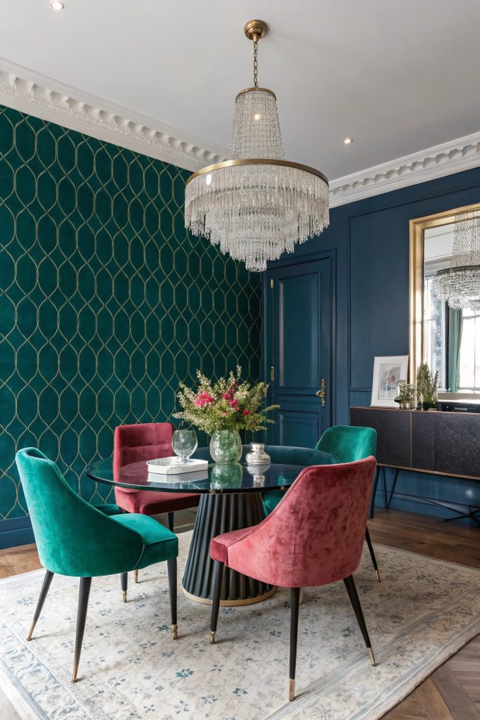 Salle à manger moderne avec mur vert émeraude et papier peint à motifs.