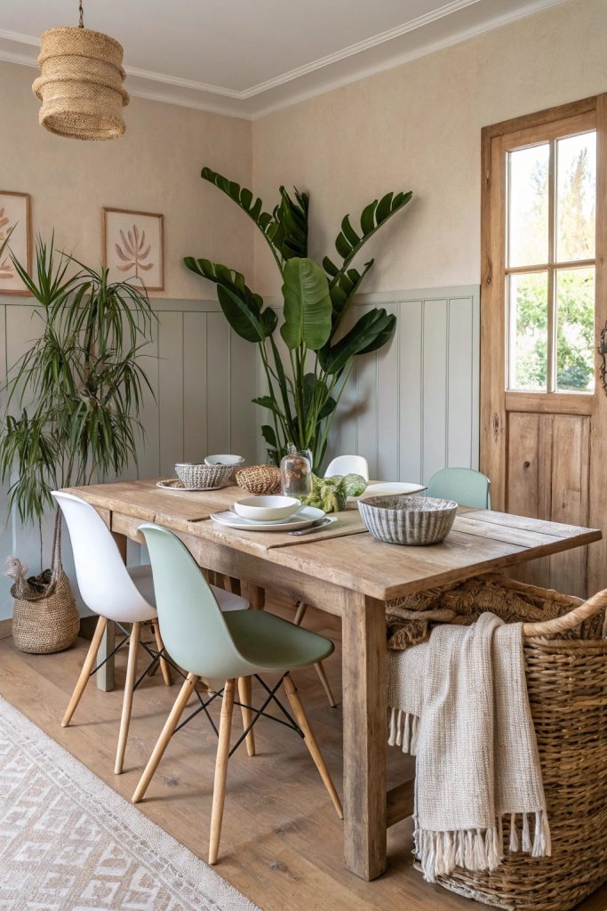 Salle à manger écologique avec table en bois recyclé et chaises en matériaux durables.