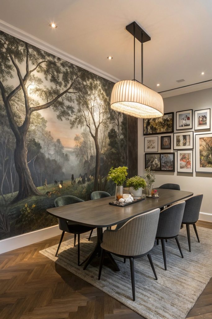Salle à manger avec mur peint artistique et table moderne.