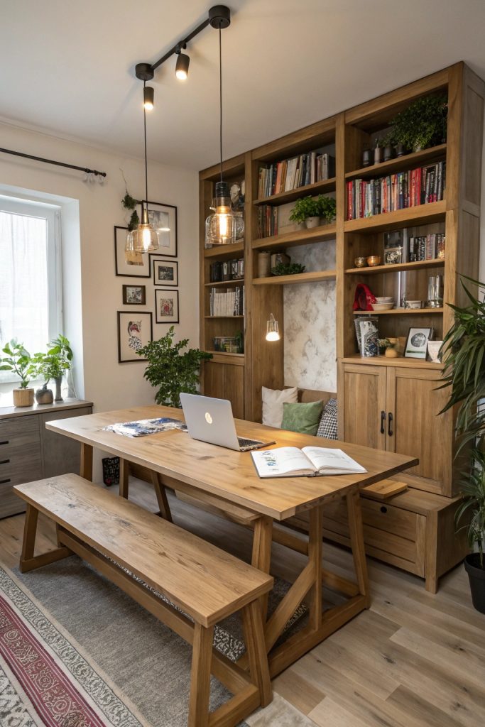 Salle à manger polyvalente avec table extensible et rangements intégrés.