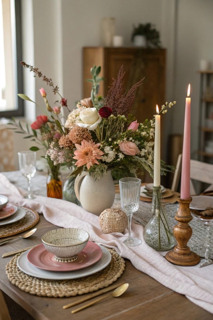 Table dressée avec vaisselle artisanale et centre de table floral.
