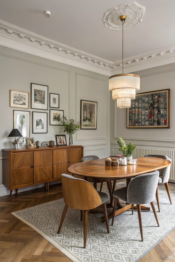 Salle à manger vintage avec table en teck et chaises rétro.