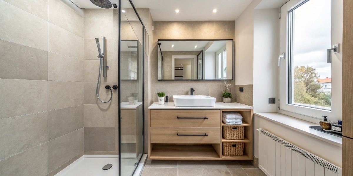 Salle de bain moderne de 4m² avec douche à l'italienne et lavabo compact.
