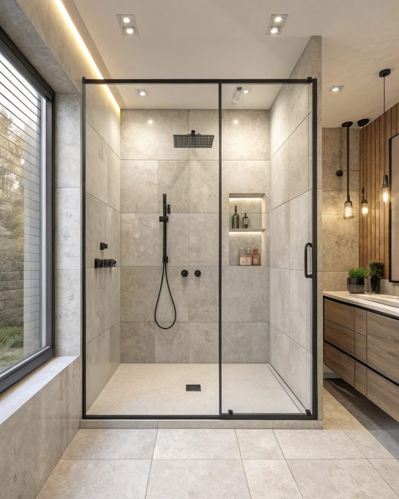 Salle de bains avec douche à l'italienne et verre transparent