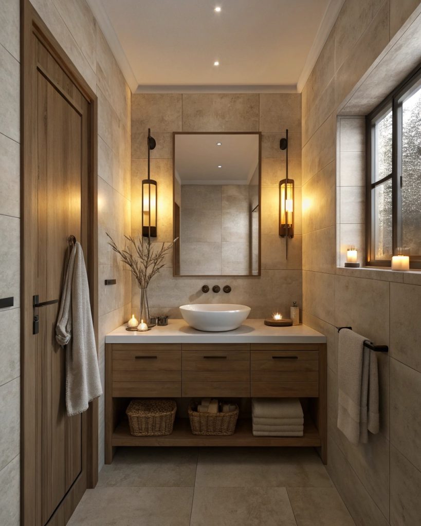 Salle de bains avec éclairage doux et appliques murales