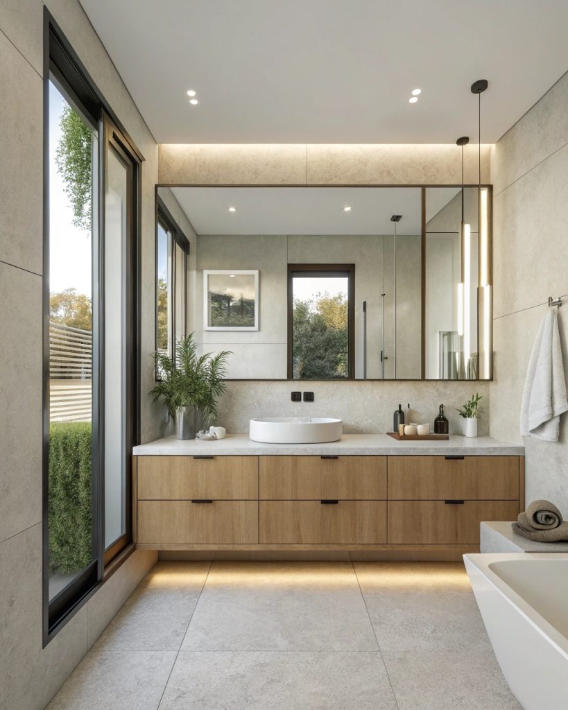 Salle de bains avec grand miroir sans cadre