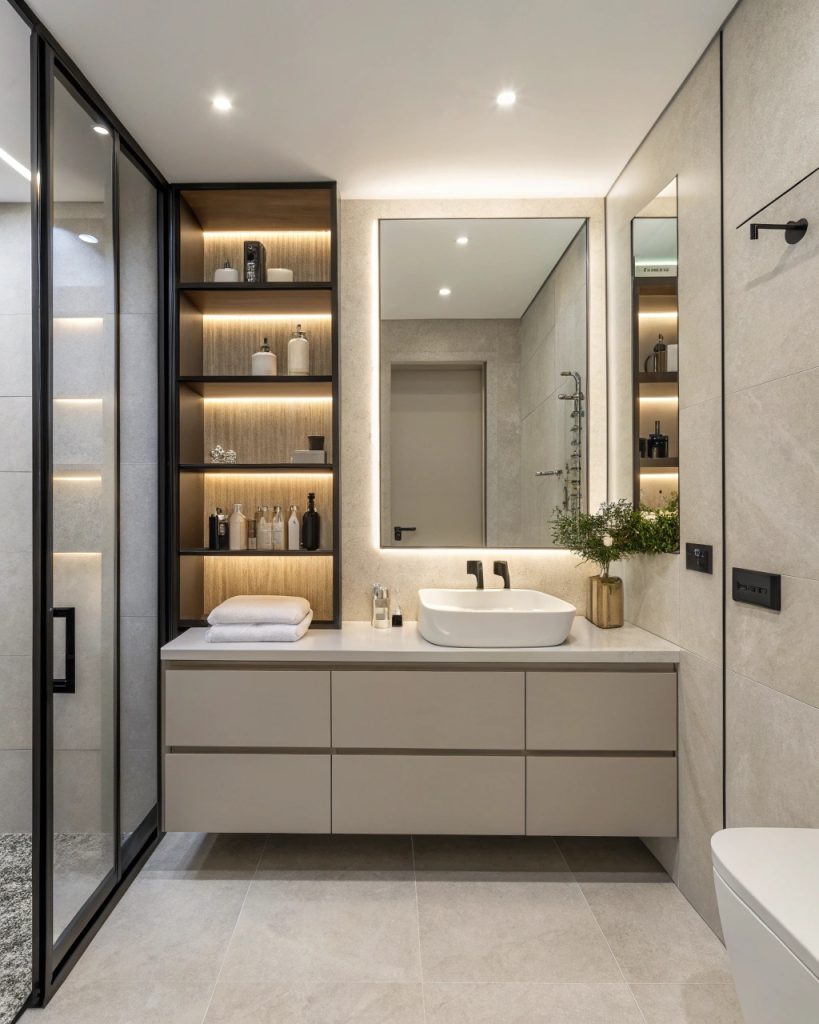 Salle de bains avec rangements intégrés et étagères flottantes