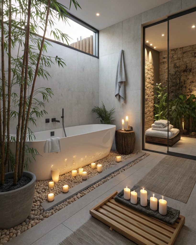 Salle de bains avec ambiance spa et bougies parfumées