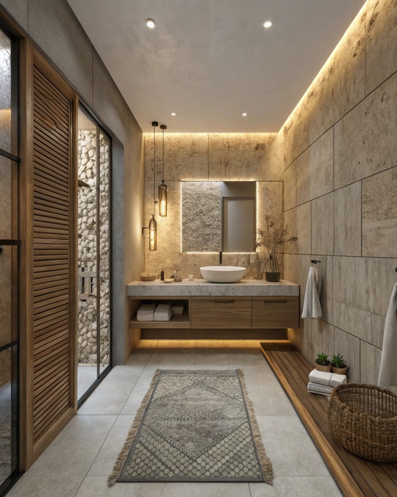 Salle de bains avec textures variées et éclairage doux