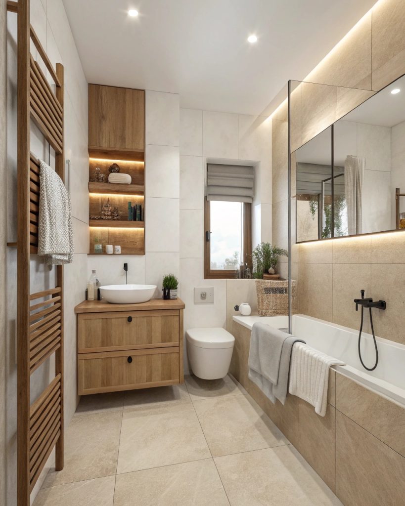 Salle de bains minimaliste avec tons neutres et accents en bois