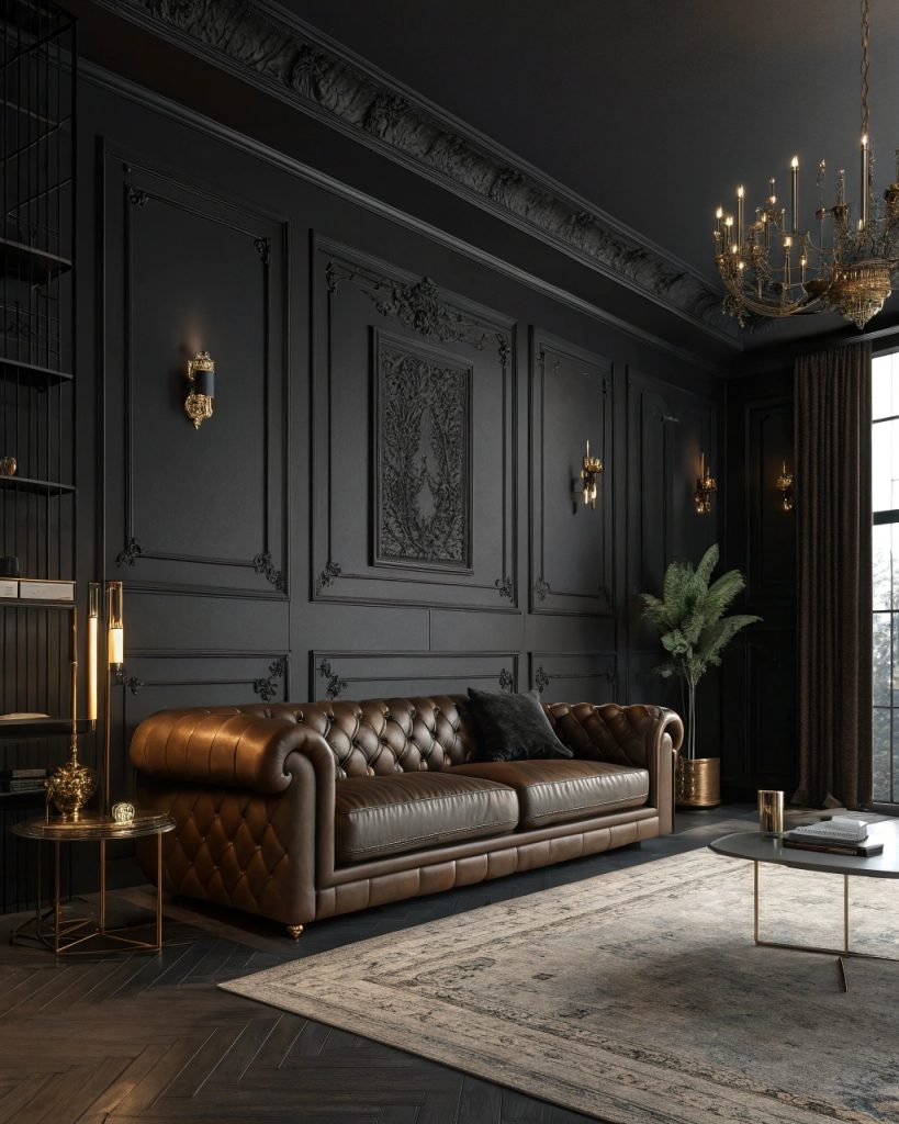 Salon noir, ambiance sombre et moderne.