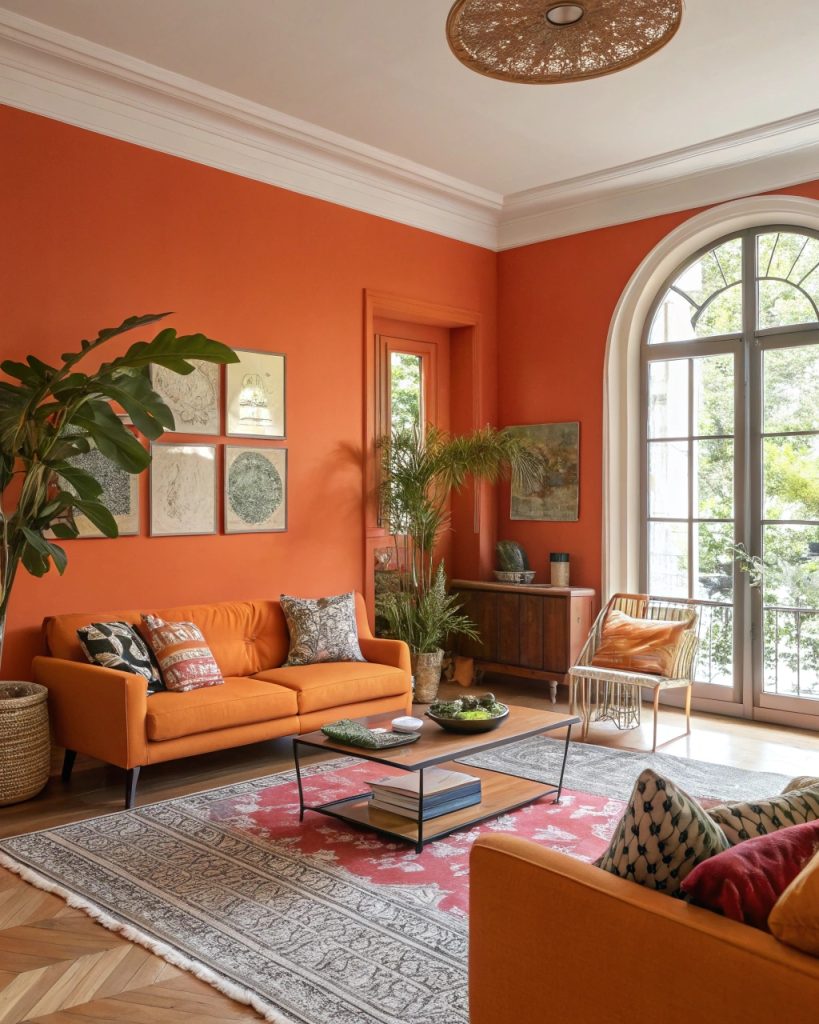 Salon orange éclatant, ambiance vibrante et intense.