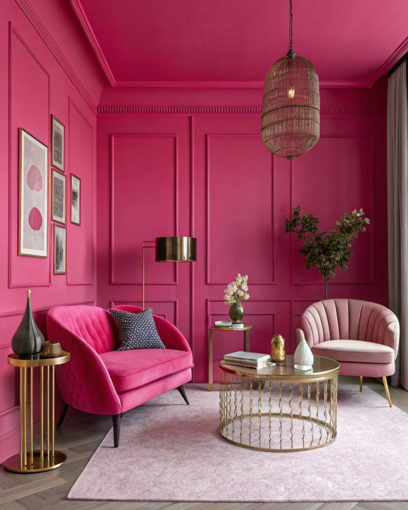 Salon rose flashy, ambiance vibrante et audacieuse.