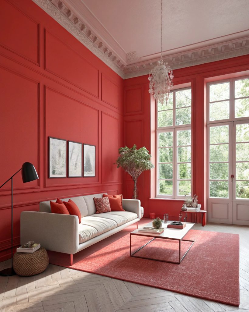 Salon rouge vif, ambiance intense et vibrante.