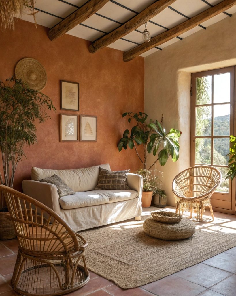 Salon chaleureux avec tons terreux, canapé en lin, chaises en rotin et plantes vertes.