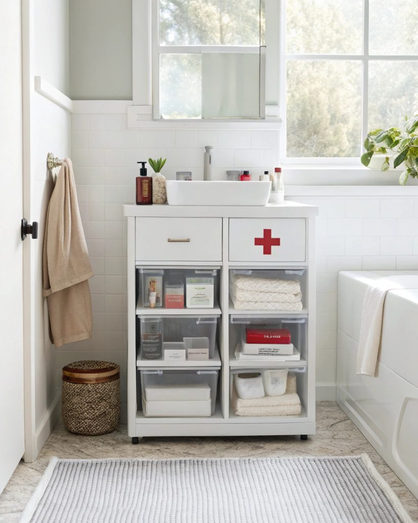 Catégorisation des produits de santé dans des bacs transparents.