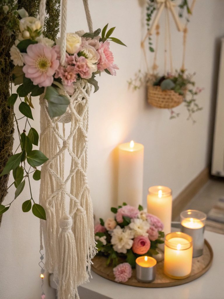 Suspension en macramé décorée de fleurs artificielles et de bougies pour une déco printanière bohème