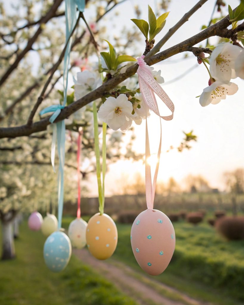 Suspensions d'œufs de Pâques pastel avec rubans.