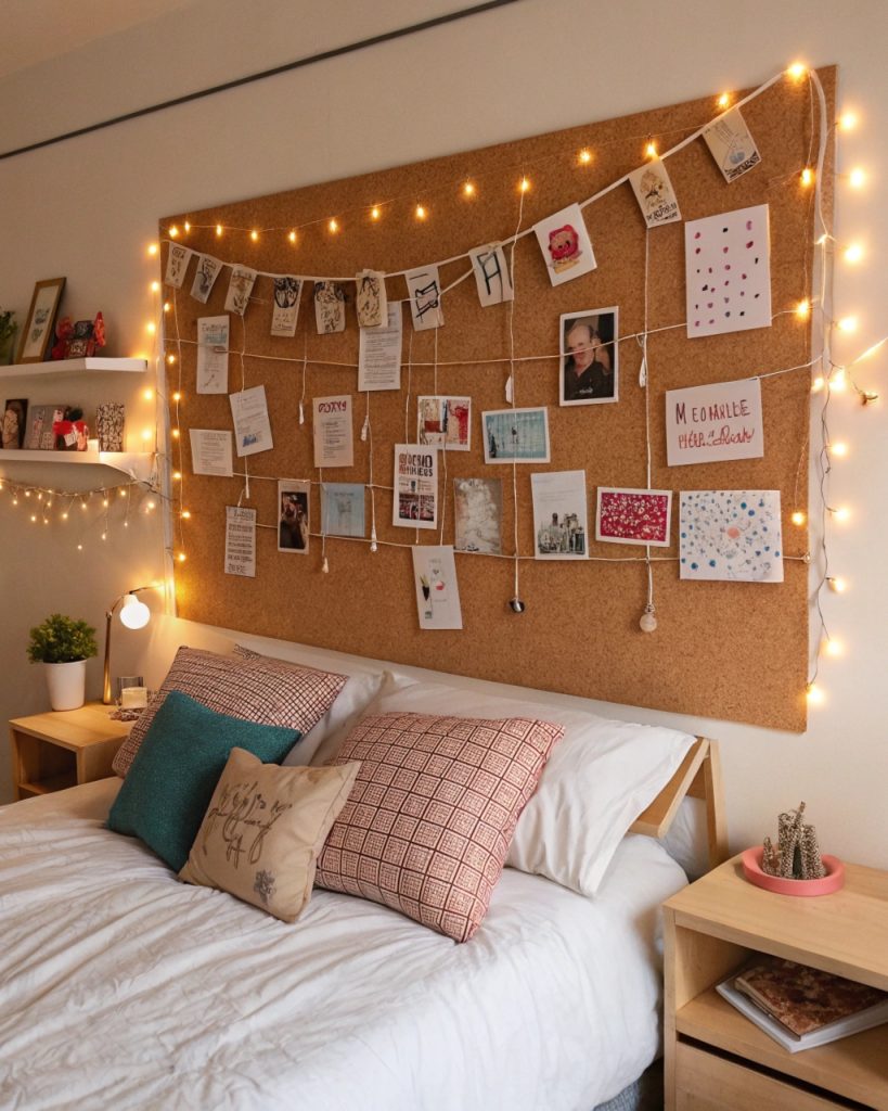 Tableau de liège au-dessus d'un lit avec photos et notes