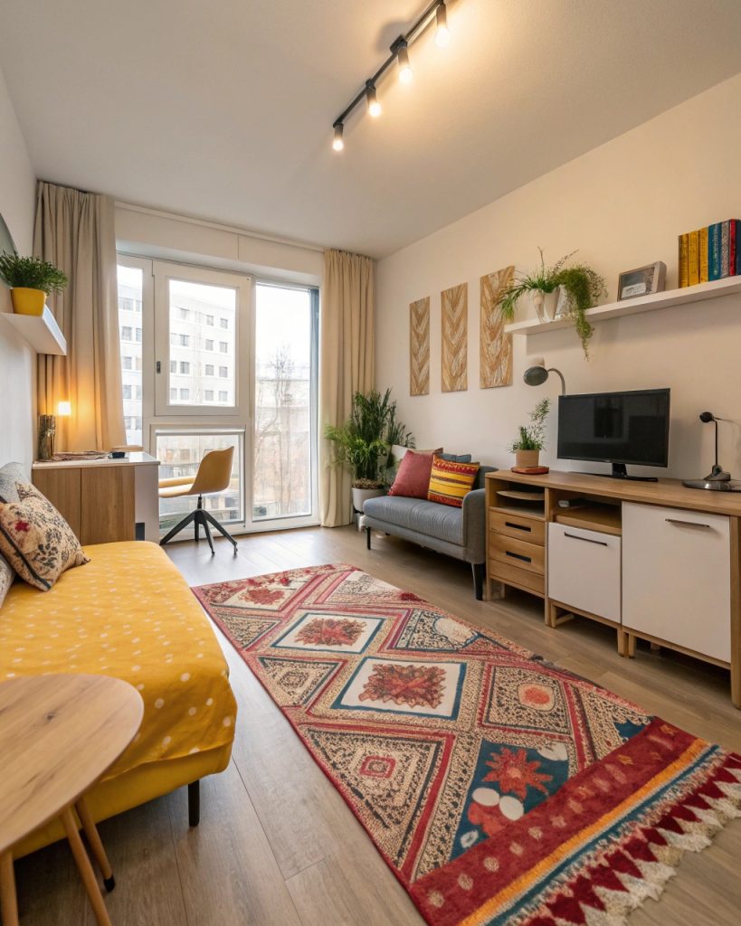 Appartement étudiant avec tapis délimitant les espaces
